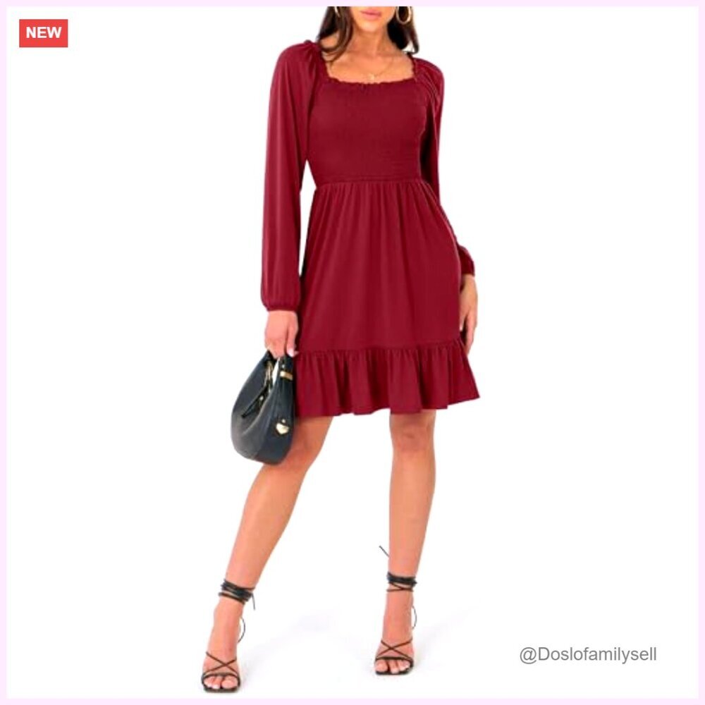 Long Sleeve Square Neck Smocked Dress High Waist Tiered Ruffle Swing - Picture 6 of 7